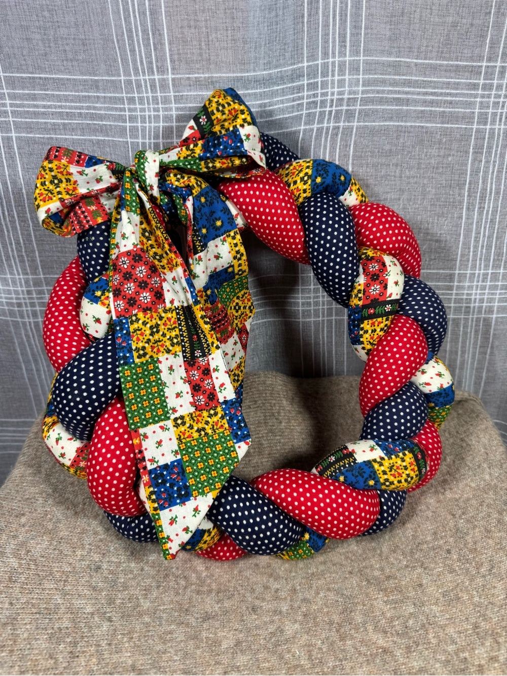 Handmade Braided Fabric Wreath 13” Patchwork Polka Dot Country Cottage Decor